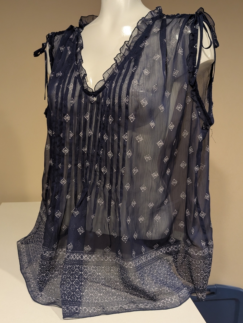 Sonoma Navy Sheer Pintuck Tie-Shoulder Camisole